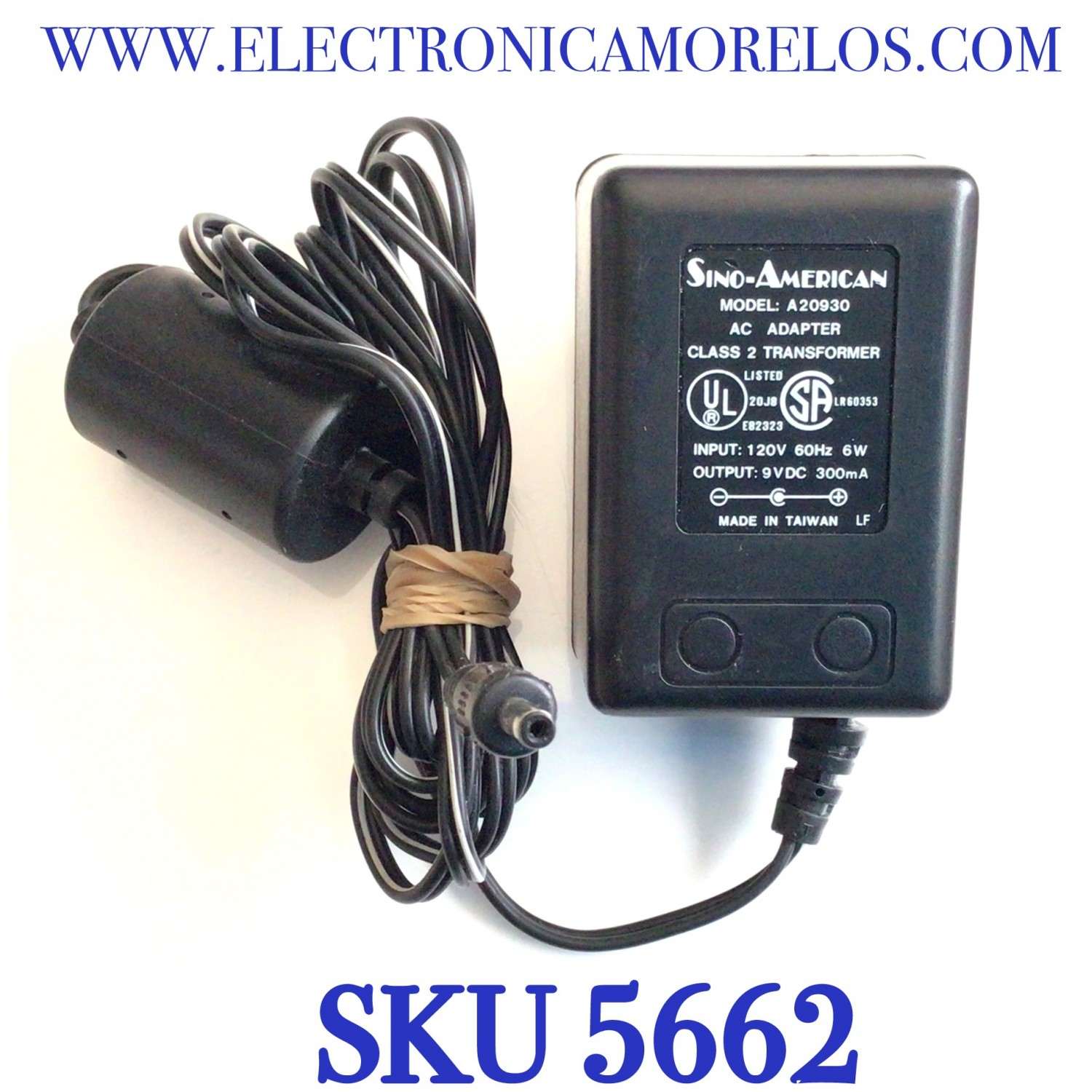 CARGADOR / ADAPTADOR DE FUENTE DE ALIMENTACION SINO-AMERICAN / VCA-VCD / NUMERO DE PARTE A20930 / E82323 / LR60353 / ENTRADA VCA 120V 60HZ 6W / SALIDA VCD 9V 300MA / MODELO A20930